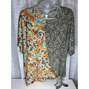 CATO Womens Blouse Top Size XL Green Floral Wrap Waist Tie Dolman Short Sleeve